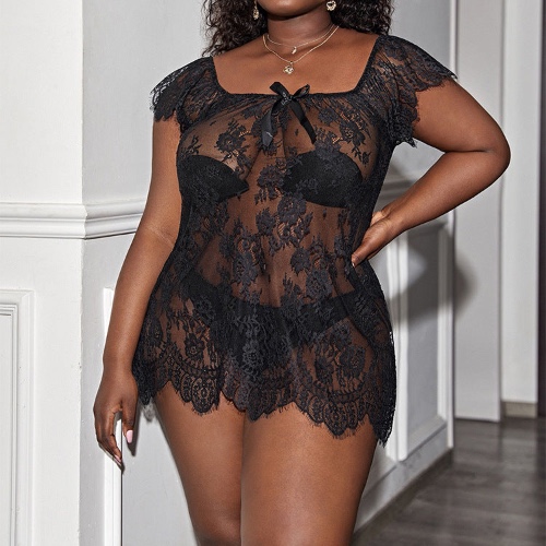 Plus Size Transparent Mesh Slip seductive Lingerie - 2XL / Black