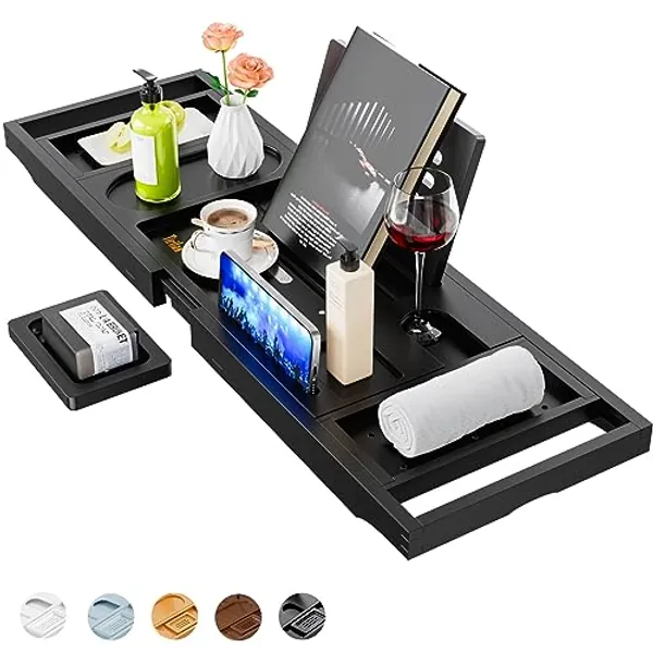 Yirilan Bath Tray, Foldable Bathtub Caddy, Adjustable Premium Bamboo Bathroom Tray for Tub, for Home Spa - Couples Wedding Gifts - Black