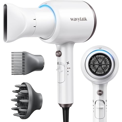 Wavytalk Hair Dryer with Diffuser and Concentrator Professional 1875 Watt Negative Ions Dryer Fast Drying Light and Quiet with Ceramic Technology Comb Nozzle for Women Curly Hair, Matte White - Matte White (Comb+diffuser+nozzle)