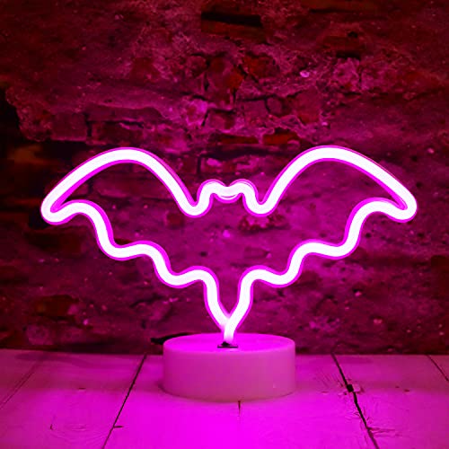 LED Neon Bat Lights Halloween Decorations, Bat Shape Neon Signs Night Lights Battery Operated Desk Table Lamp for Bedroom, Bar, Wall, Spooky Decor-Bat with Holder Base(Pink) - Pink