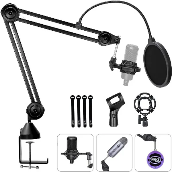 Support de Microphone, Movstriker Réglable Pied de Micro Bras de Suspension à Ciseaux avec Anti-pop Filtre, Pince à Micro, Adaptateur 3/8"à 5/8", Compatible pour Blue Yeti Nano Snowball