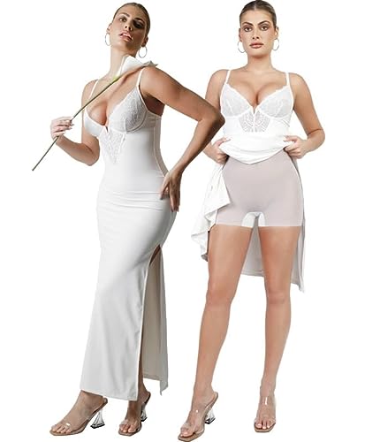 Popilush Lace Shaper Dress Built in Shapewear Deep-V Neck Satin Drape Slip  Split Maxi Dress Bodycon Evening Long Dress