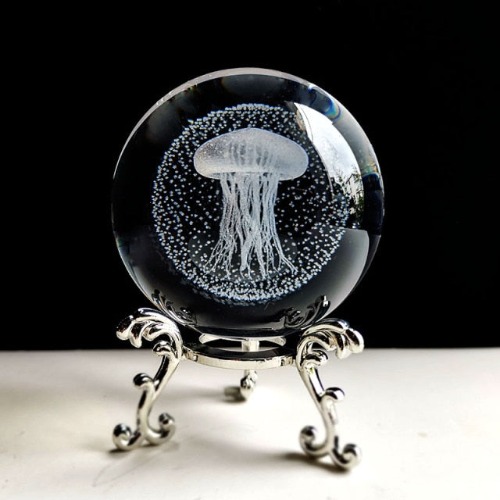 Crystal Ball with Ornate Metal Base - Jellyfish
