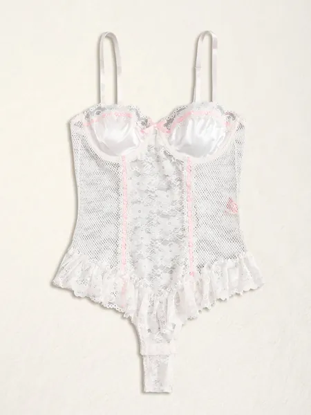 ROMWE Kawaii Floral Lace Ruffle Hem Bow Decor Teddy Bodysuit