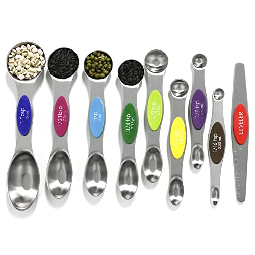 Magnetic Measuring Spoons Set Stainless Steel with Leveler, 9pcs Multicolors Measuring Cups Set for Baking, Measuring Cups and Spoon Set Kitchen Gadgets Apartment Essentials Fits in Spice Jars - 9pcs - Multicolor