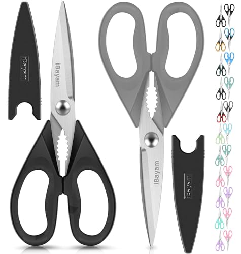 Kitchen Shears, iBayam Kitchen Scissors All Purpose Heavy Duty Meat Scissors Poultry Shears, Dishwasher Safe Food Cooking Scissors Stainless Steel Utility Scissors, 2-Pack (Black, Grey) - Black, Grey - 2-Pack