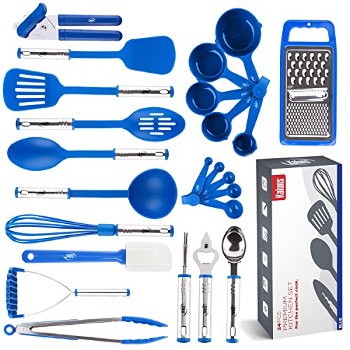 Kitchen Utensils Set, Cooking Utensil Set Kitchen Gadgets, Pots and Pans set Nonstick and Heat Resistant, 24 Pcs Nylon and Stainless Steel, Spatula Set, Apartment Essentials Kitchen Cookware Sets - Blue