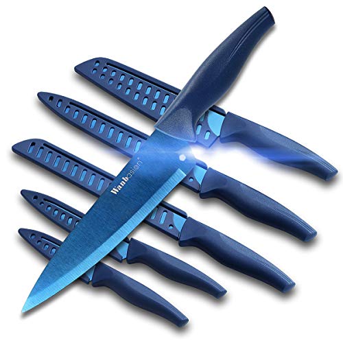 Wanbasion Blue Professional Kitchen Knife Chef Set, Stainless Steel, Dishwasher Safe with Sheathes - Blue
