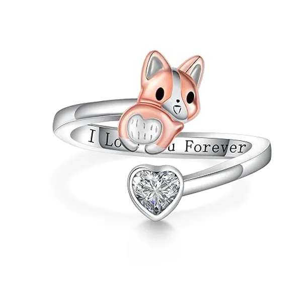 Fuguangju Corgi Ring 925 Sterling Silver Corgi Open Rings Cute Adjustable Dog Ring Corgi Gifts for Women Corgi Gifts for Corgi Lovers
