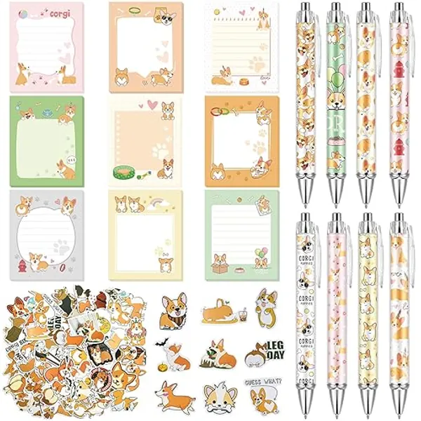 Fuyoooo Corgi Dog Gifts Set Office Supplies Cute Gifts for Women School Stationery Include Sticky Notes Pens Stickers Birthday Party Favor Decoration - Corgi Dog
