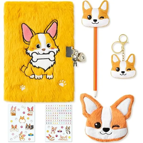 CY2SIDE Corgi Dog Diary Set - 6PCS Corgi Diary with Lock and Keys for Girls, Corgi Plush Secret Journal Diary Journaling Set for Writing, Make Your Own Scrapbook with Crafts Idea Gift for Teen Girls - Corgi Dog