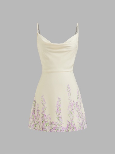 Cowl Neck Floral Lace Up Mini Dress