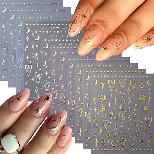 SPLOCUDU 12 Sheets Star Nail Art Stickers 3D Self-Adhesive Nail Decals Silver Aurora Gold Moon Nail Stickers for Nail Art Design Decoration Accessories for Women - Style B