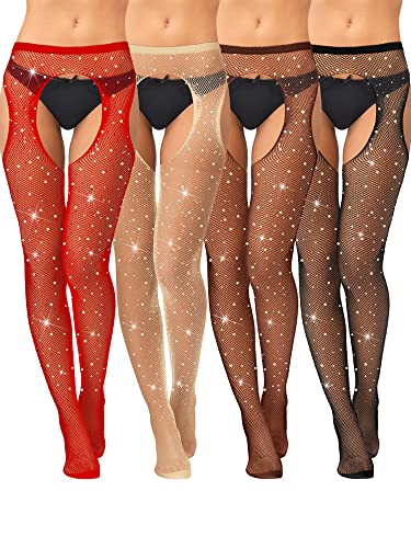 Geyoga 4 Pcs Rhinestone Fishnet Stockings Sparkly High Waist Fishnet Tights Women Suspender Pantyhose Thigh High Garter - One Size - red, skin, coffee and black