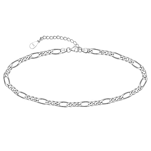CHIC & ARTSY 925 Sterling Silver Ankle Bracelet Multilayer Anklets for Women Satellite/Star/Cross/Circle/Teardrop/Oval/Layered Anklet Beach Jewelry 9 to 10 inch Flexible Fit Anklets - 1# Figaro/Silver