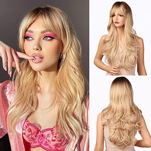 Esmee Perruque Ombre Blond Clair pour Femmes de 24 Pouces avec Frange, Longue Vague Naturelle, Perruque Synthétique Résistante à la Chaleur - Blond Clair - 24 Pouces