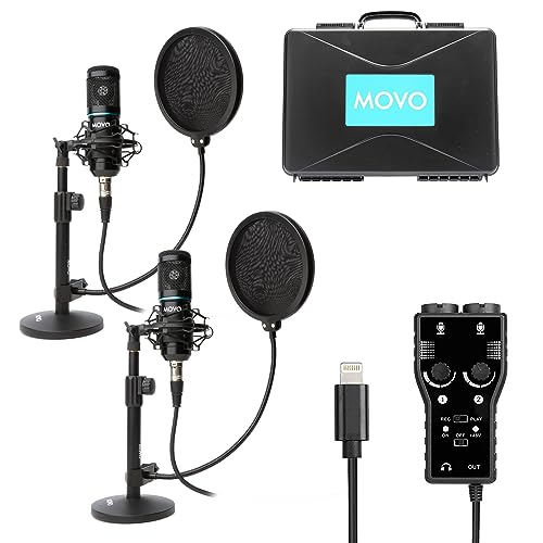 Movo iPhone Podcast Equipment Bundle - 2 Pack Condenser Microphones, 2 Desktop Mic Stands, 2 Pop Filters, 2-Channel XLR Interface with Lightning Output - Compatible with iPhone, iPad, iOS