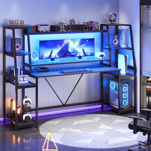 SEDETA Gaming Desk 78.8'' with LED Lights, Hutch and Storage Shelves, Computer Desk with Monitor Stand, Large PC Gamer Desk Workstation, Ergonomic Gaming Table for Bedroom, Living Room, Black - 78.8 inches - Black