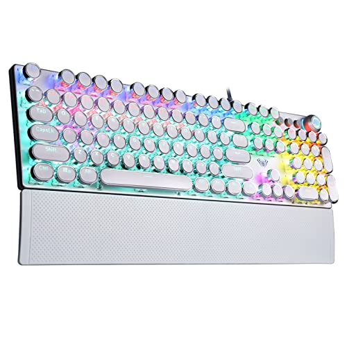 AULA F2088 Typewriter Style Mechanical Gaming Keyboard,Rainbow LED Backlit,Removable Wrist Rest,Media Control Knob,Retro Punk Round Keycaps,USB Wired Computer Keyboard,White - White-blue switches
