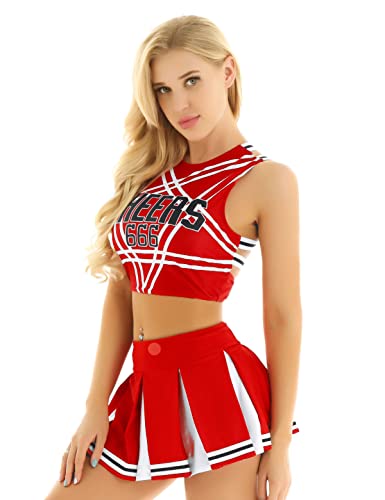 iiniim Damen Cheerleaderin Kostüm Ärmellos Schulmädchen Uniform Set Crop Top mit Faltenrock Cosplay Halloween Fasching Karneval Verkleidung S-XXL - M A Rot