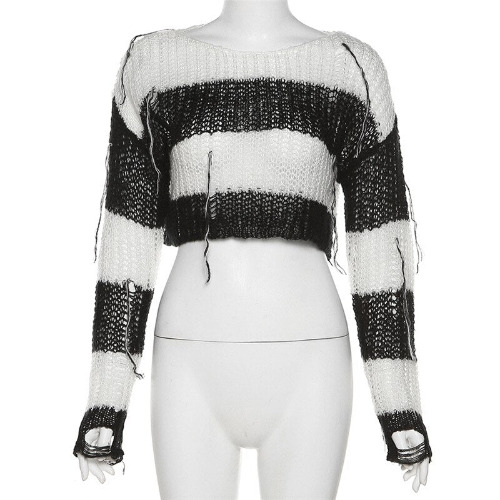 'From the Crypt' Striped Black & White Cropped Goth Sweater - Black / L