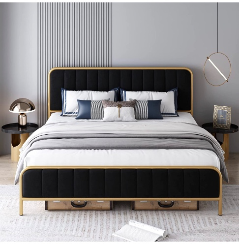 Amazon.com: HITHOS King Size Bed Frame, Upholstered Bed Frame with Button Tufted Headboard, Heavy Duty Metal Mattress Foundation with Wooden Slats, Easy Assembly, No Box Spring Needed (Golden/Black, King) : Home & Kitchen