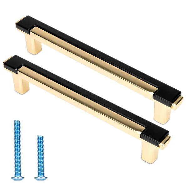 WELLOCKS Cabinet Handles Solid Pulls 10 Pack 5.04” 128mm Hole Centers Matte Black Shiny Bright Gold Color Combined Metal Drawer Pulls Bar Cabinet Hardware for Refresh Home Improvement Dresser(D091)