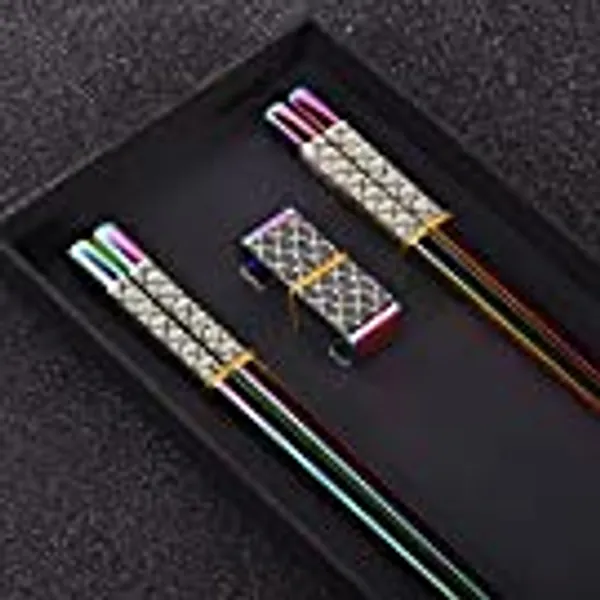 Metall-Essstäbchen Wiederverwendbar 2 Paar Titan-Edelstahl-Essstäbchen mit Halter, Spülmaschinenfest Leichte Essstäbchen im Japanischen Stil Geschenkset (Regenbogen-Verlauf)
