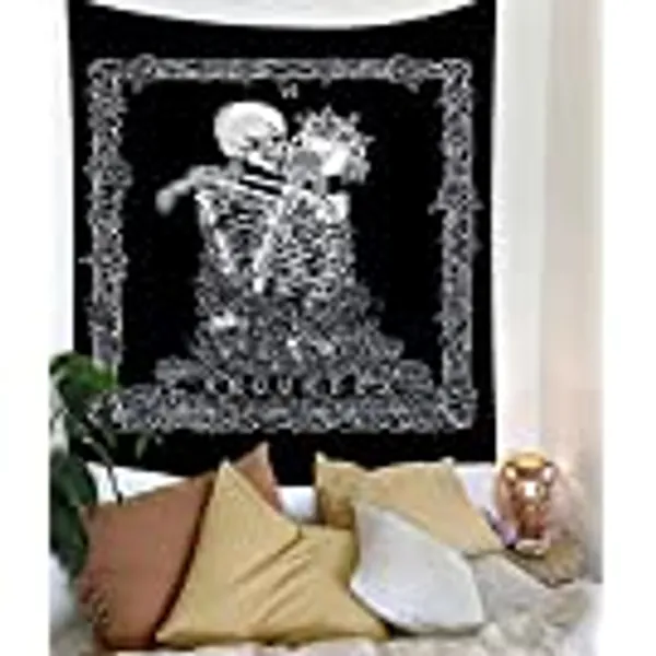 Arawat Wandtuch Totenkopf Wandteppich küssende Skelettsliebhaber Wandteppiche Skelett Tapisserie Gothic Wandtuch Schwarz Weiß Wanddecke Deko Tipp Wanddeko für Schlafzimmer Wohnzimmer (130x150cm)