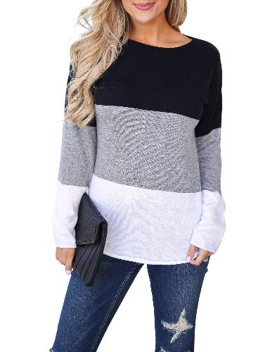 Blooming Jelly Women's Long Sleeve Crew Neck Elbow Patches Color Block Shirt Top - Large Colorblock