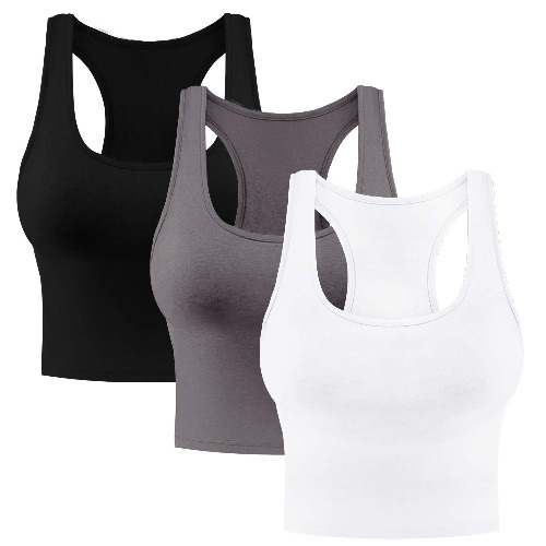 Tenpluszero 3 Pieces Cotton Basic Crop Tank Tops Sleeveless Racerback Sports Tank Tops for Women Girls Daily Wearing - gray Large