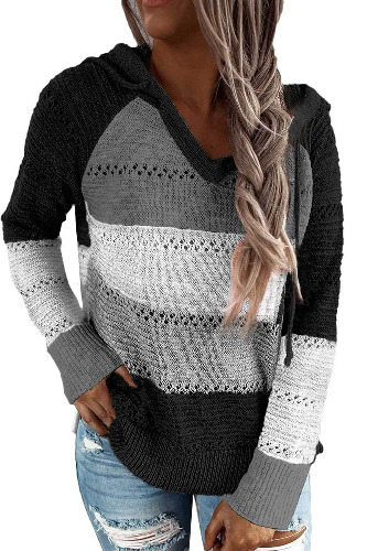 NEYOUQE Womens Long Sleeve Color Block Pullover/Cardigan Sweaters Striped Tops Casual Hoodies Sweatshirts Jackets - B-Black Large