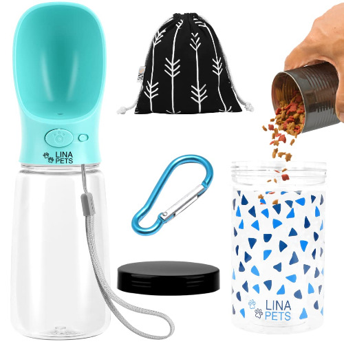 Lina Pets Dog Water Bottle –Portable with 1 Dog Food Storage Box and Travel Bag – Leak Proof Water Dispenser with Drinking Feeder Dog Water Bowl Travel Drink Cup Dog Accessories for Outdoor - 