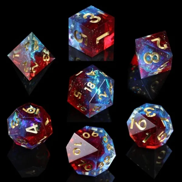 AUSPDICE DND Dice Set Handcrafted Designer 7-Die Polyhedral RPG Dice Set with Sharp Edges and Beautiful Inclusions for Aesthetic Conscious Tabletop RPG Player Galaxy Series (Mix RedBlue Color)