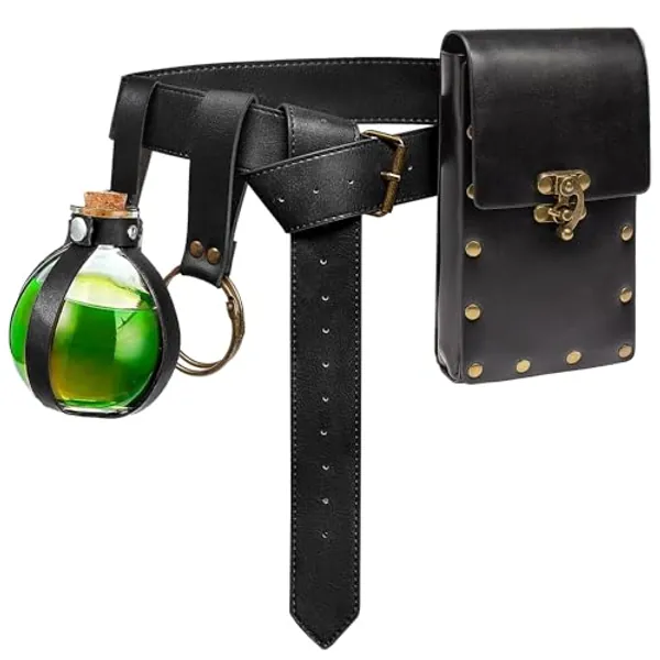 Belt Pouch Waist Bag Fanny Pack Steampunk Phone Holder Medieval Bag Leather Belt Renaissance Cosplay Costume Accessories (3Bottle-Black)