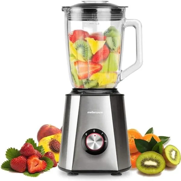 Mellerware - Batidora de vaso Mixy! 1500 W | Jarra de vidrio de 1.5L | 2 velocidades + TURBO | Procesador de alimentos profesional con cuchillas de 6 hojas | Rompehielos | Acero Inoxidable