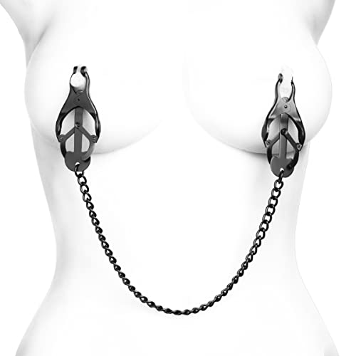 Master Series Black Japanese Clover Nipple Clamps with Chain, Clip On Metal Finish Clamp Set for Nipples, For Women, Men, Couples, Adjustable Strength, Textured Rubber Padded Tips, Set of 2 - Noir Monarch
