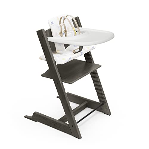 Tripp Trapp Chair from Stokke (Natural) + Tripp Trapp Newborn Set (Grey) - Cozy, Safe & Simple to Use - for Newborns Up to 20 lbs - High Chair, Cushion & Stokke Tray - Natural Oak with Nordic Blue
