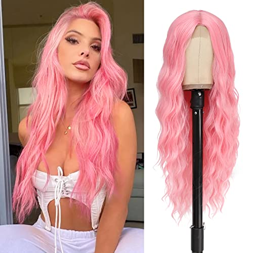 BUPPLER Halloween Wigs Cosplay Long Pink Wig 28 Inch Middle Part Synthetic Wig Realistic Halloween Gifts Party Wigs for Women Daily Use Colorful Wigs (Pink) - 28 Inch - Pink