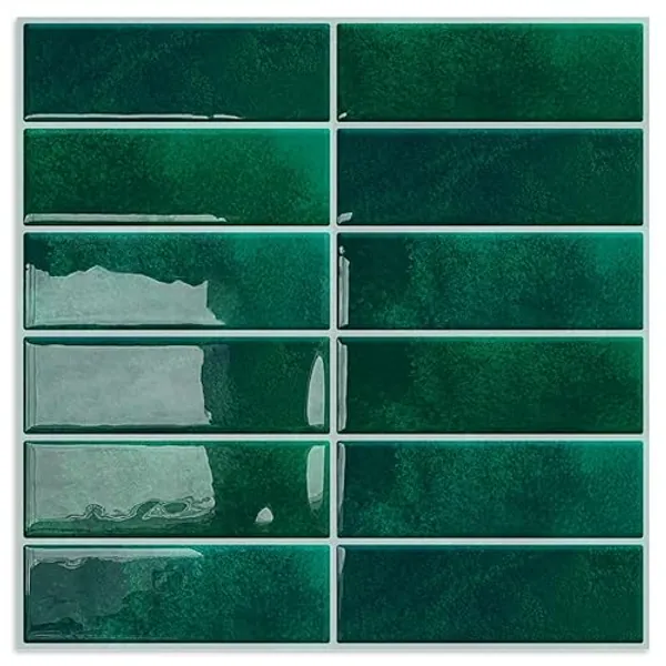 DEWOO Green Peel and Stick on Subway Metro Splashback Tiles Self Adhesive Wall Tiles for Kitchen Bathroom,10-Sheet (12"×12") - 10 - Dark Green