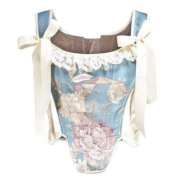 AMhomely Crop Tops For Women With Straps Y2K Vintage Medieval Overbust French Elegant Bustier Tops Satin Imitation Silk Floral Corset VestRococo Cropped Tank Tops Lace Up Corset Baroque - M - 01 Sky Blue