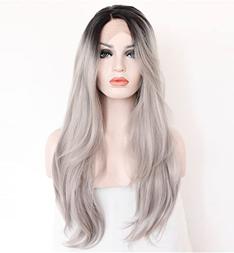 EALGA Ombre Black Grey Lace Front Wigs for Women Silver Grey Hair Wigs Long Natural Wavy Hair Wigs with Middle Part 22 inch Best Affordable Wig EALGA-014 - Silver Grey