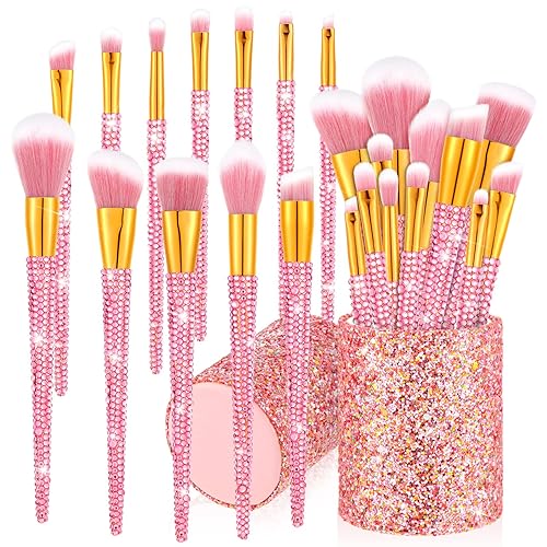 13 Pieces Rhinestone Makeup Brushes Set Bling Crystal Professional Face Cosmetics Blending Liquid Foundation Powder Concealer Eye Shadows Make up Beauty Tool Glitter with Holder (Pink) - Pink