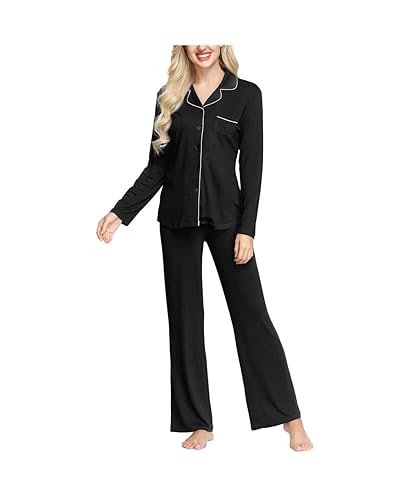 INK+IVY Women's Rayon Long Sleeve Button Top & Trouser Pajama Set, Casual Soft Breathable Sleepwear - X-Small - Black