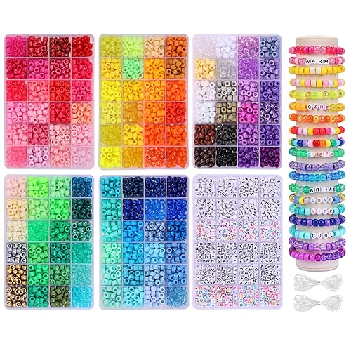 QUEFE 3840pcs Pony Beads Kit for Jewelry Making, 120 Colors Kandi Set, 3000pcs Plastic Rainbow Bead and 840pcs Letter Bracelet Necklace Chain Gift Craft