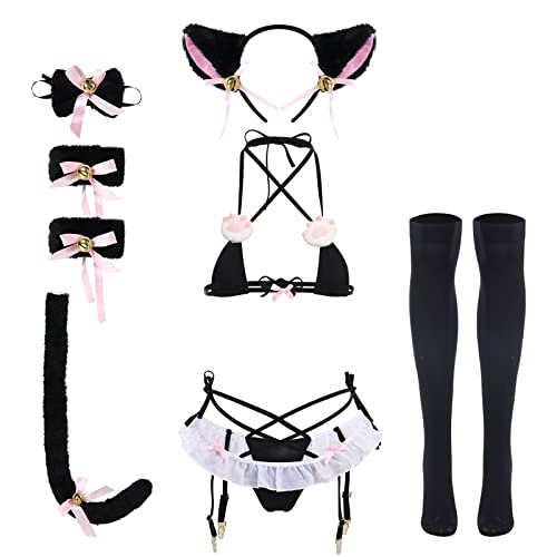 ABAFIP Women's Cute Anime Kawaii Cat Kitten Cosplay Strappy Lingerie Halter Micro Bra Panty Headband Garter Stockings Set - One Size - Black-01
