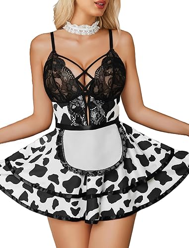Avidlove Sexy Maid Lingerie for Women Maid Outfit French Maid Costume Babydoll Lingerie Dress Cosplay Lingerie - Black Cow Print - Medium