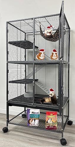 Large Two Story Double Unit 4-Floors Small Animal Cage Tight 1/2-Inch Bar Spacing for Feisty Ferret Squirrel Chinchilla Rat Mice Squirrel Rabbit Sugar Glider with Rolling Stand - 24" x 17.5 x 53.5"H - Black Vein
