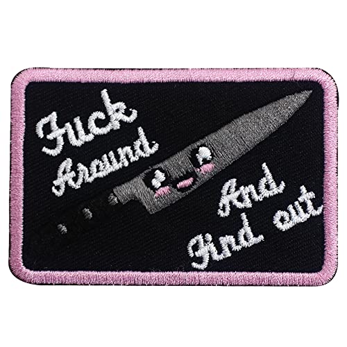 PatchKingdom F-ck Around and Find Out Letter Embroidered Iron on Sew Patch Funny Punk Biker Emblem Smile with Knife Armband for Shirts Jeans Hats Backpack Applique (Pink on), 5X8CM/2X3INCH - Pink