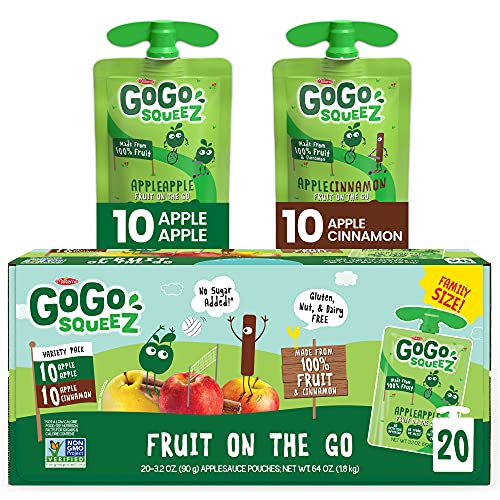 GoGo squeeZ Fruit on the Go Variety Pack, Apple & Cinnamon, 3.2 oz (Pack of 20), Unsweetened Fruit Snacks for Kids, Gluten & Nut Free and Dairy Free, Recloseable Cap, BPA Free Pouches - Apple Cinnamon